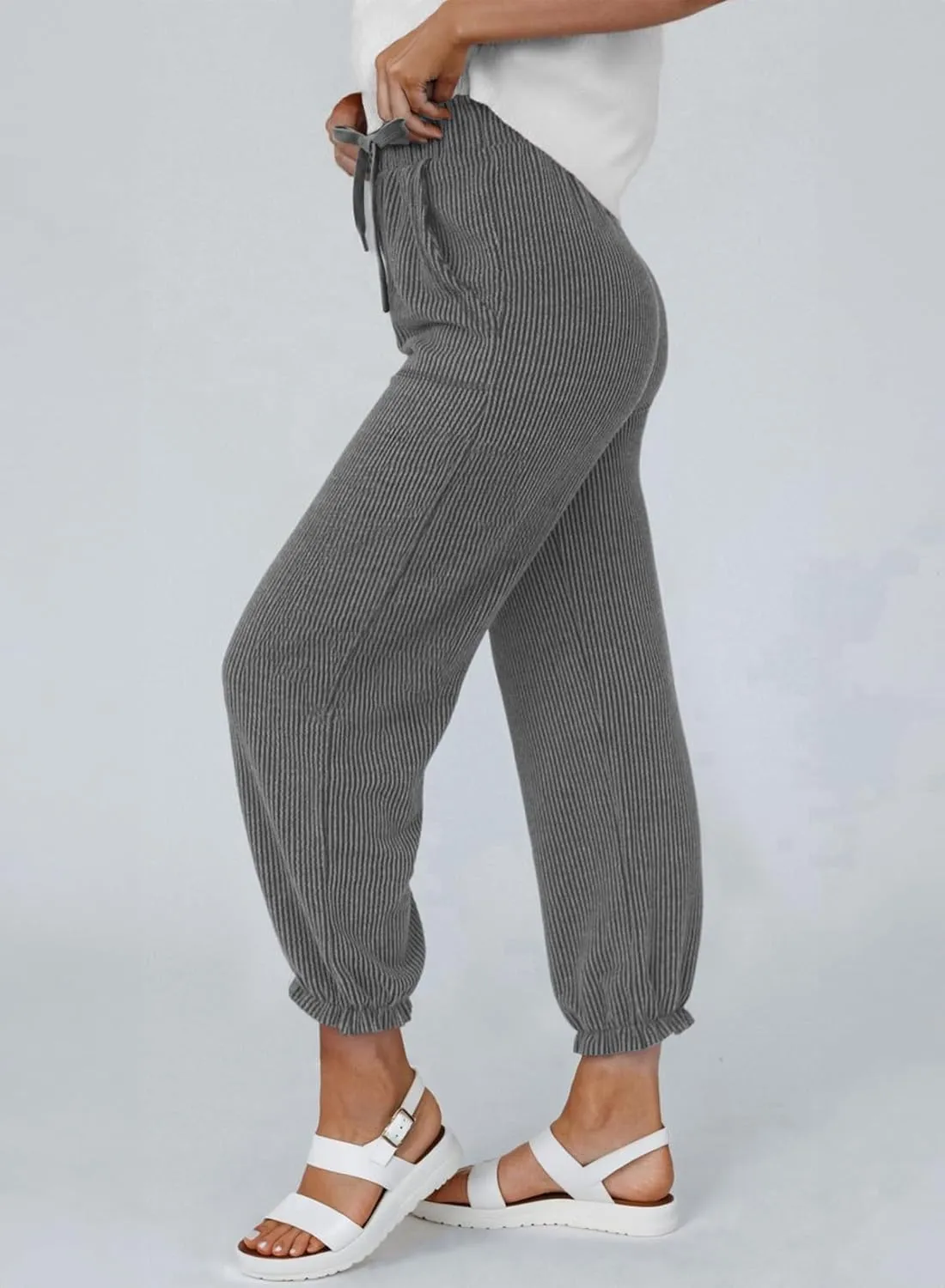 Dokotoo Womens Casual Pants Drawstring Textured 2024 High Waisted Ribbed Fall Long Carrot Baggy Trousers with Pockets