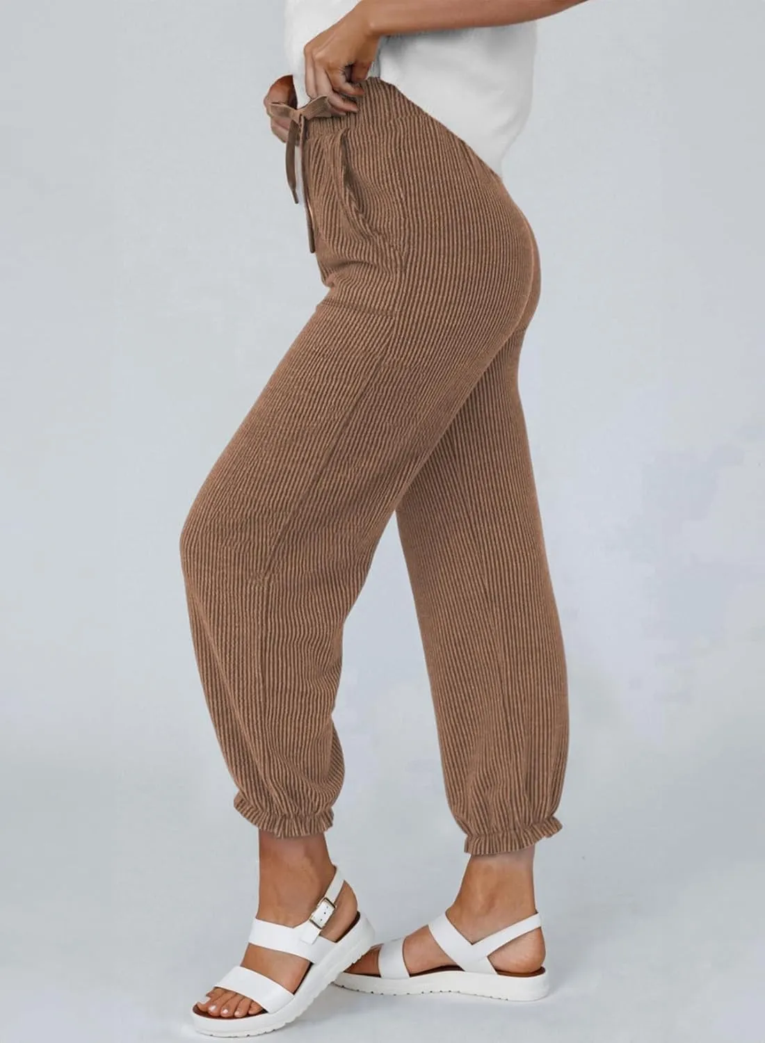 Dokotoo Womens Casual Pants Drawstring Textured 2024 High Waisted Ribbed Fall Long Carrot Baggy Trousers with Pockets