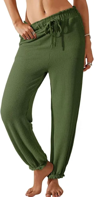 Dokotoo Womens Casual Pants Drawstring Textured 2024 High Waisted Ribbed Fall Long Carrot Baggy Trousers with Pockets