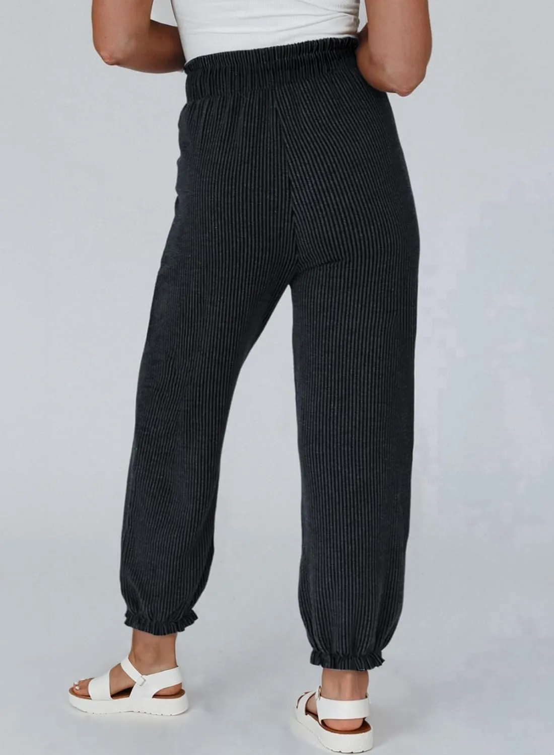 Dokotoo Womens Casual Pants Drawstring Textured 2024 High Waisted Ribbed Fall Long Carrot Baggy Trousers with Pockets