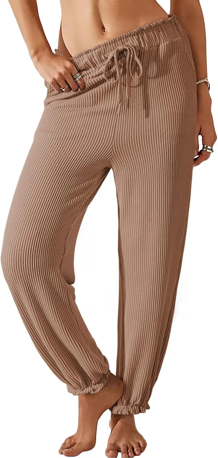 Dokotoo Womens Casual Pants Drawstring Textured 2024 High Waisted Ribbed Fall Long Carrot Baggy Trousers with Pockets