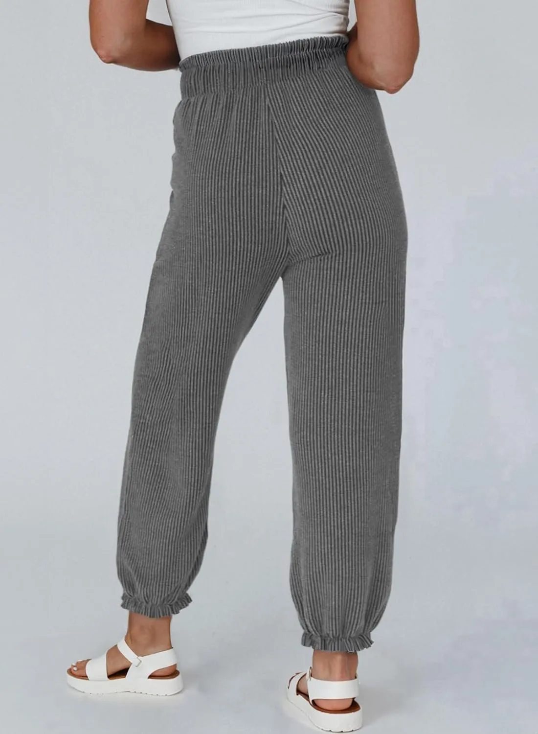Dokotoo Womens Casual Pants Drawstring Textured 2024 High Waisted Ribbed Fall Long Carrot Baggy Trousers with Pockets