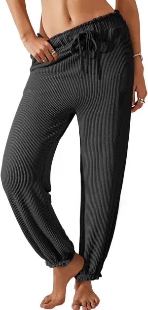 Dokotoo Womens Casual Pants Drawstring Textured 2024 High Waisted Ribbed Fall Long Carrot Baggy Trousers with Pockets