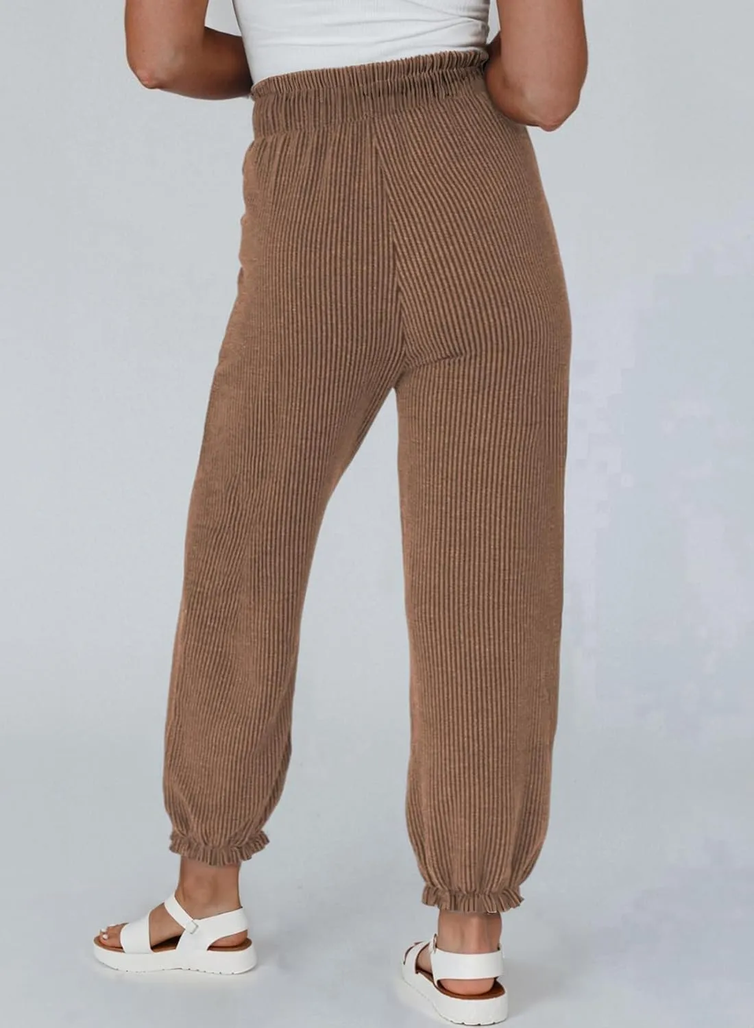 Dokotoo Womens Casual Pants Drawstring Textured 2024 High Waisted Ribbed Fall Long Carrot Baggy Trousers with Pockets
