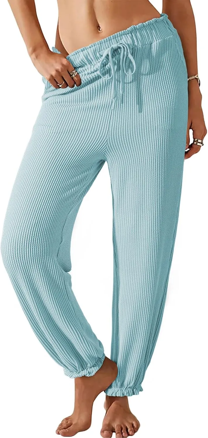 Dokotoo Womens Casual Pants Drawstring Textured 2024 High Waisted Ribbed Fall Long Carrot Baggy Trousers with Pockets