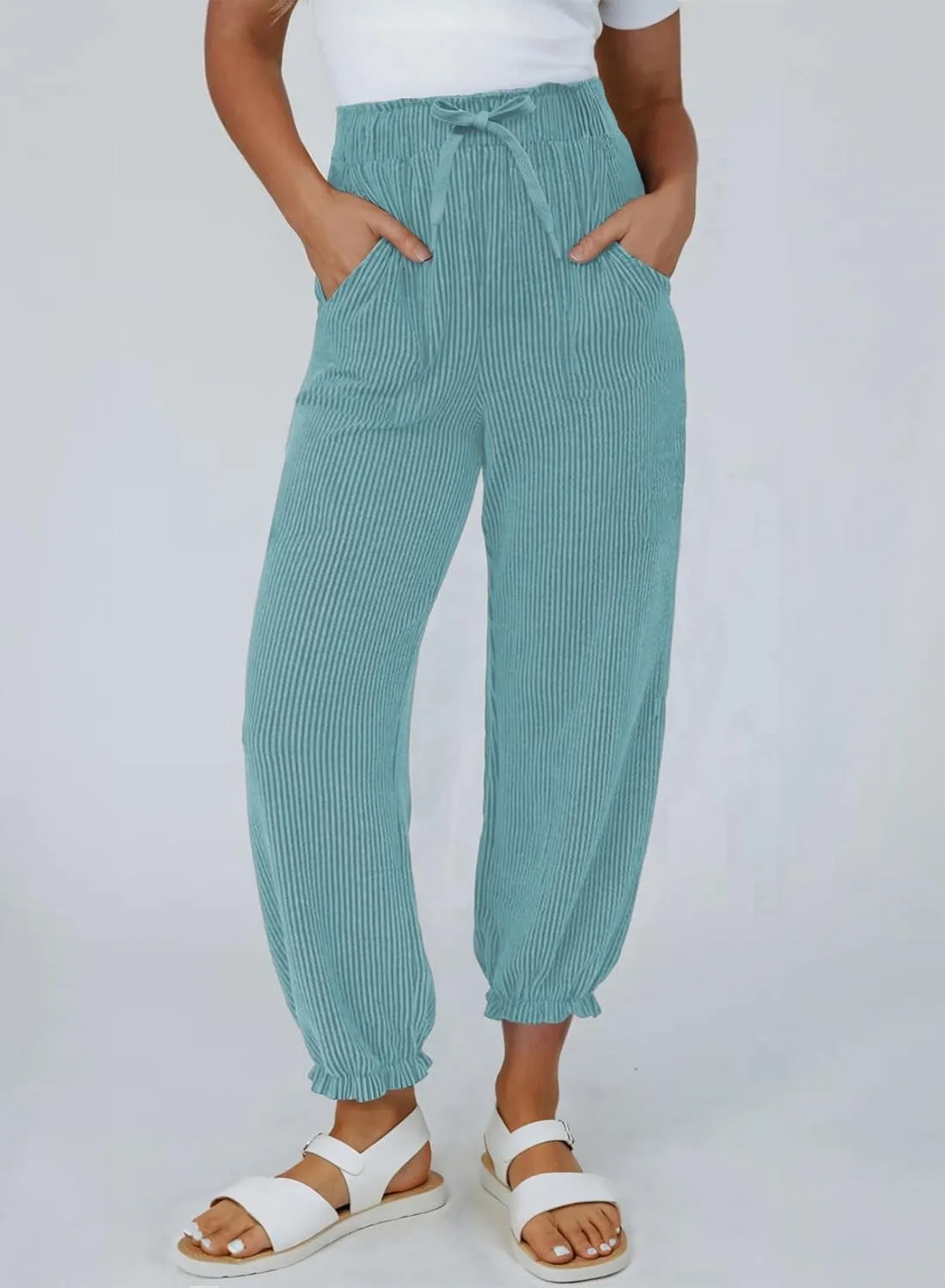 Dokotoo Womens Casual Pants Drawstring Textured 2024 High Waisted Ribbed Fall Long Carrot Baggy Trousers with Pockets