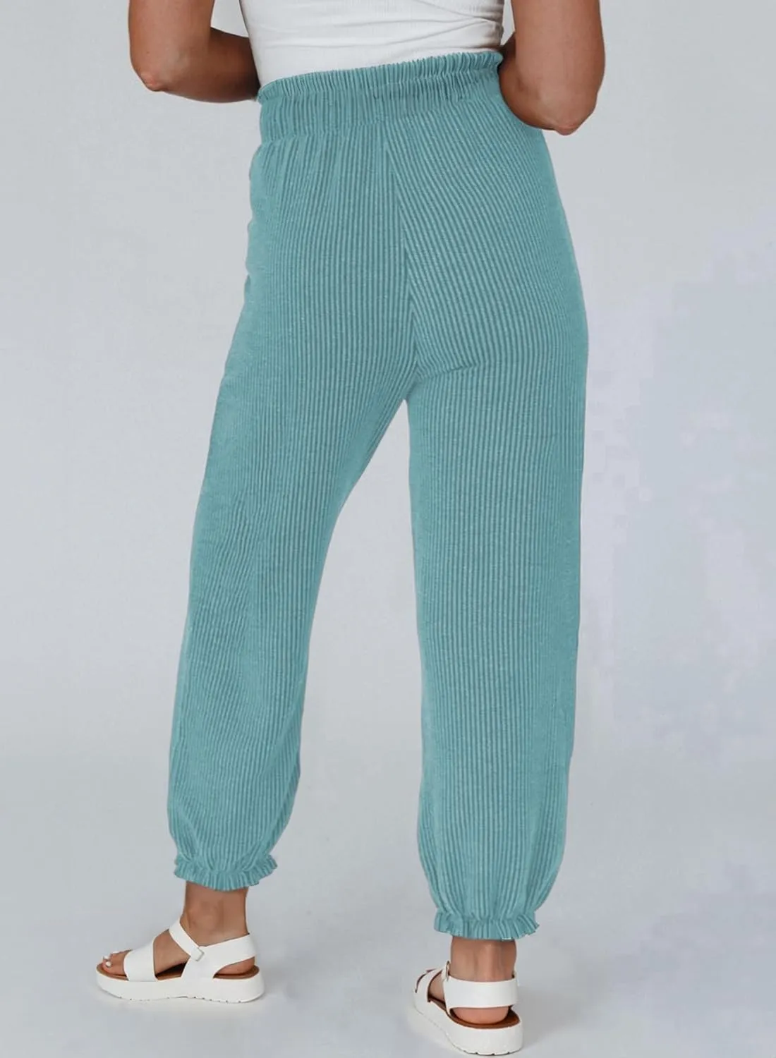 Dokotoo Womens Casual Pants Drawstring Textured 2024 High Waisted Ribbed Fall Long Carrot Baggy Trousers with Pockets