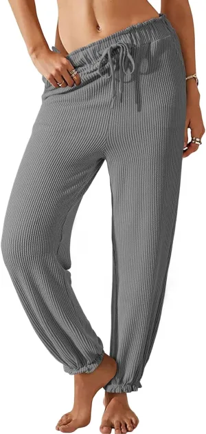 Dokotoo Womens Casual Pants Drawstring Textured 2024 High Waisted Ribbed Fall Long Carrot Baggy Trousers with Pockets
