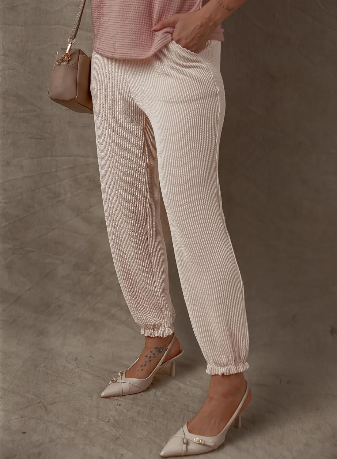 Dokotoo Womens Casual Pants Drawstring Textured 2024 High Waisted Ribbed Fall Long Carrot Baggy Trousers with Pockets