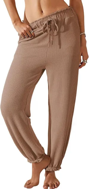 Dokotoo Womens Casual Pants Drawstring Textured 2024 High Waisted Ribbed Fall Long Carrot Baggy Trousers with Pockets