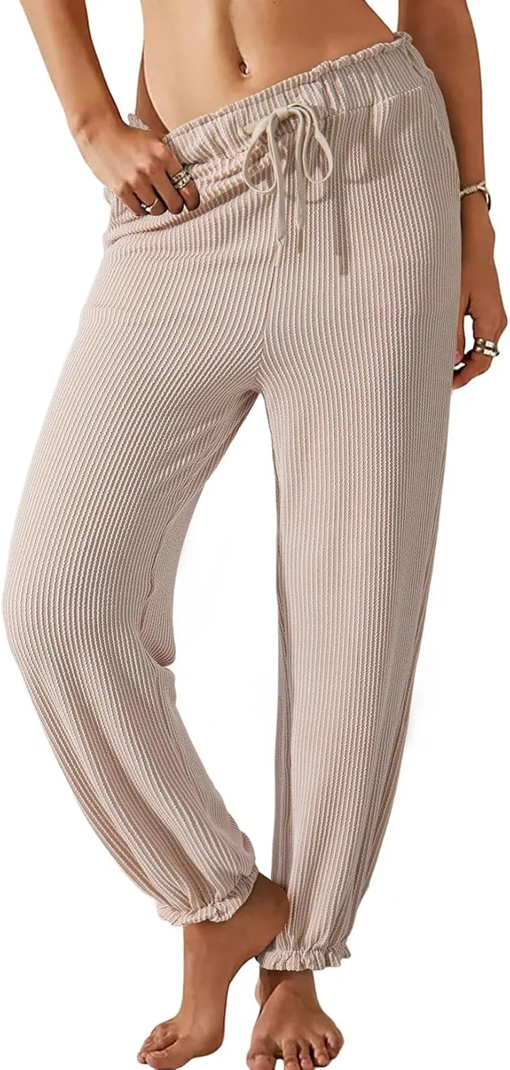 Dokotoo Womens Casual Pants Drawstring Textured 2024 High Waisted Ribbed Fall Long Carrot Baggy Trousers with Pockets