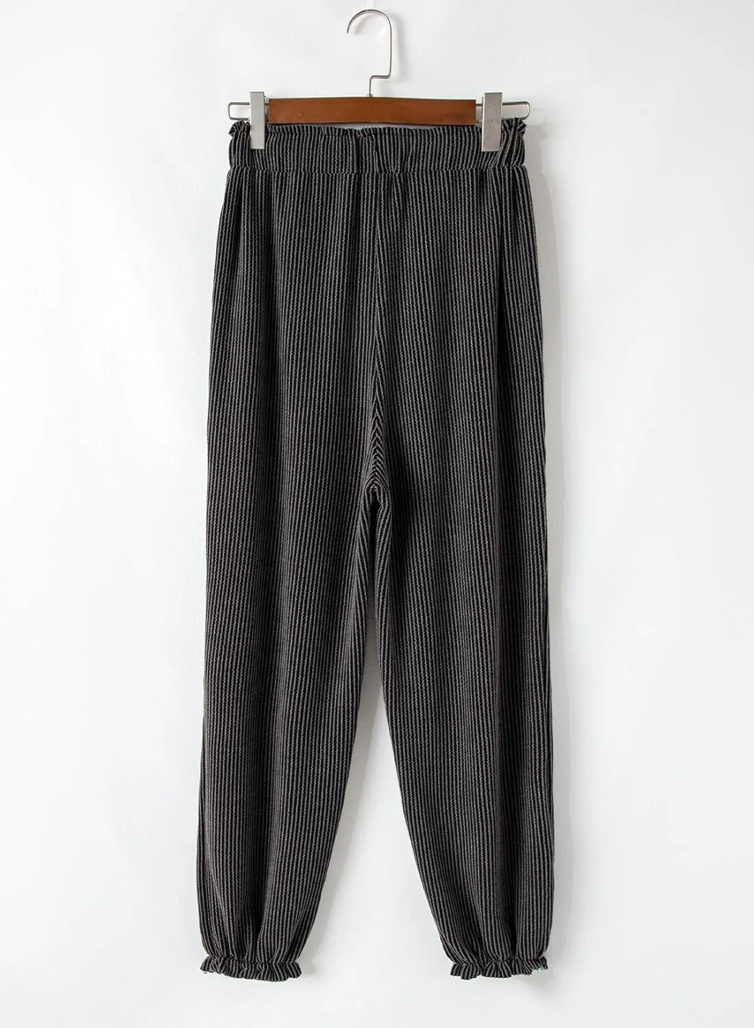 Dokotoo Womens Casual Pants Drawstring Textured 2024 High Waisted Ribbed Fall Long Carrot Baggy Trousers with Pockets