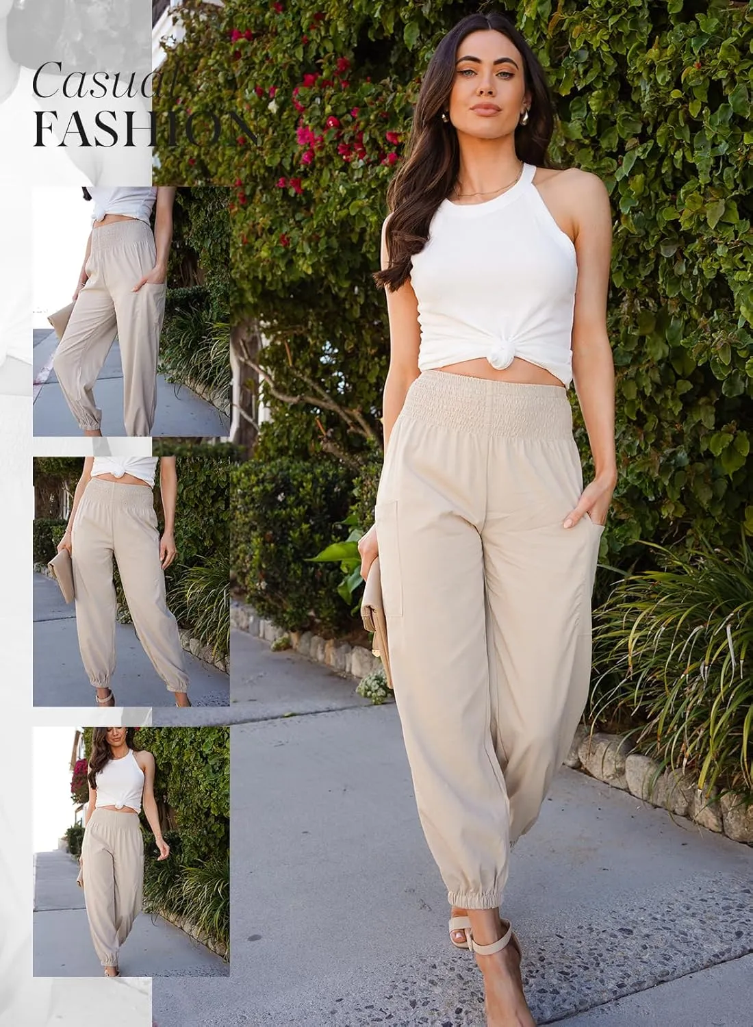 Dokotoo Womens Summer Boho Business Casual Smocked 2025 High Waisted Cargo Summer Long Elephant Pants with Pockets