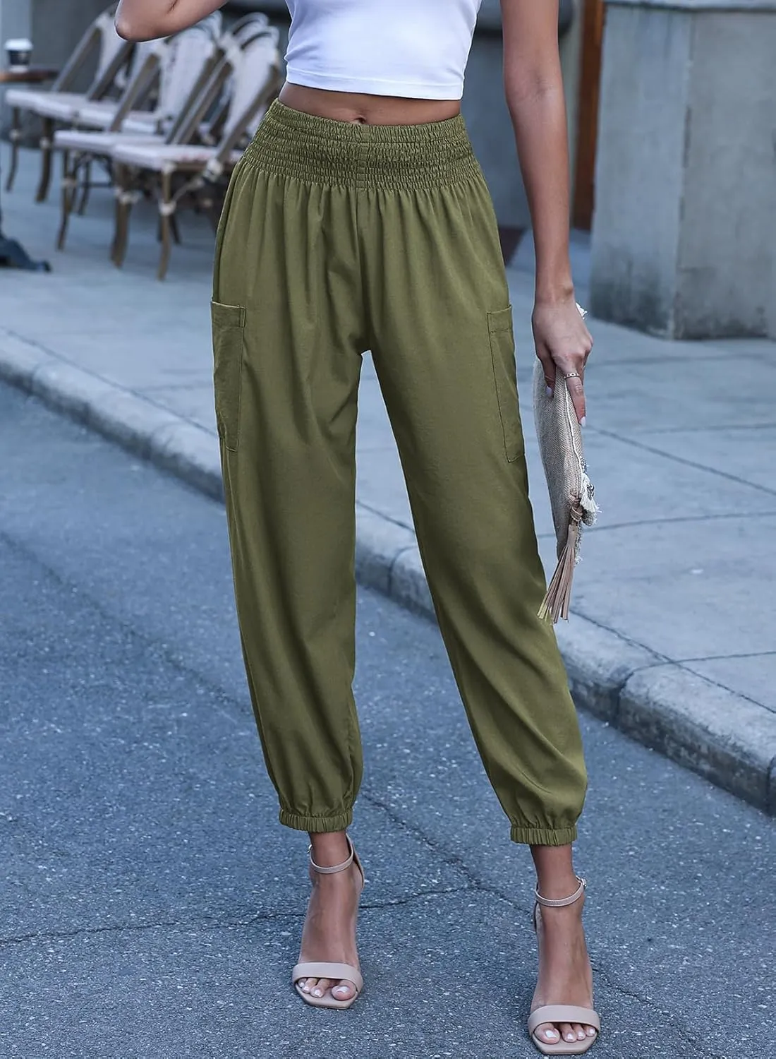 Dokotoo Womens Summer Boho Business Casual Smocked 2025 High Waisted Cargo Summer Long Elephant Pants with Pockets