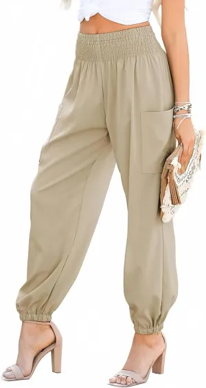Dokotoo Womens Summer Boho Business Casual Smocked 2025 High Waisted Cargo Summer Long Elephant Pants with Pockets