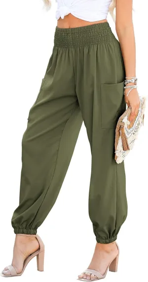 Dokotoo Womens Summer Boho Business Casual Smocked 2025 High Waisted Cargo Summer Long Elephant Pants with Pockets