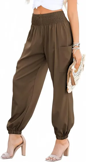 Dokotoo Womens Summer Boho Business Casual Smocked 2025 High Waisted Cargo Summer Long Elephant Pants with Pockets