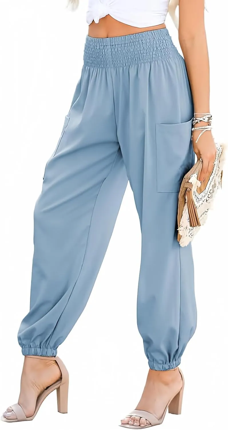 Dokotoo Womens Summer Boho Business Casual Smocked 2025 High Waisted Cargo Summer Long Elephant Pants with Pockets