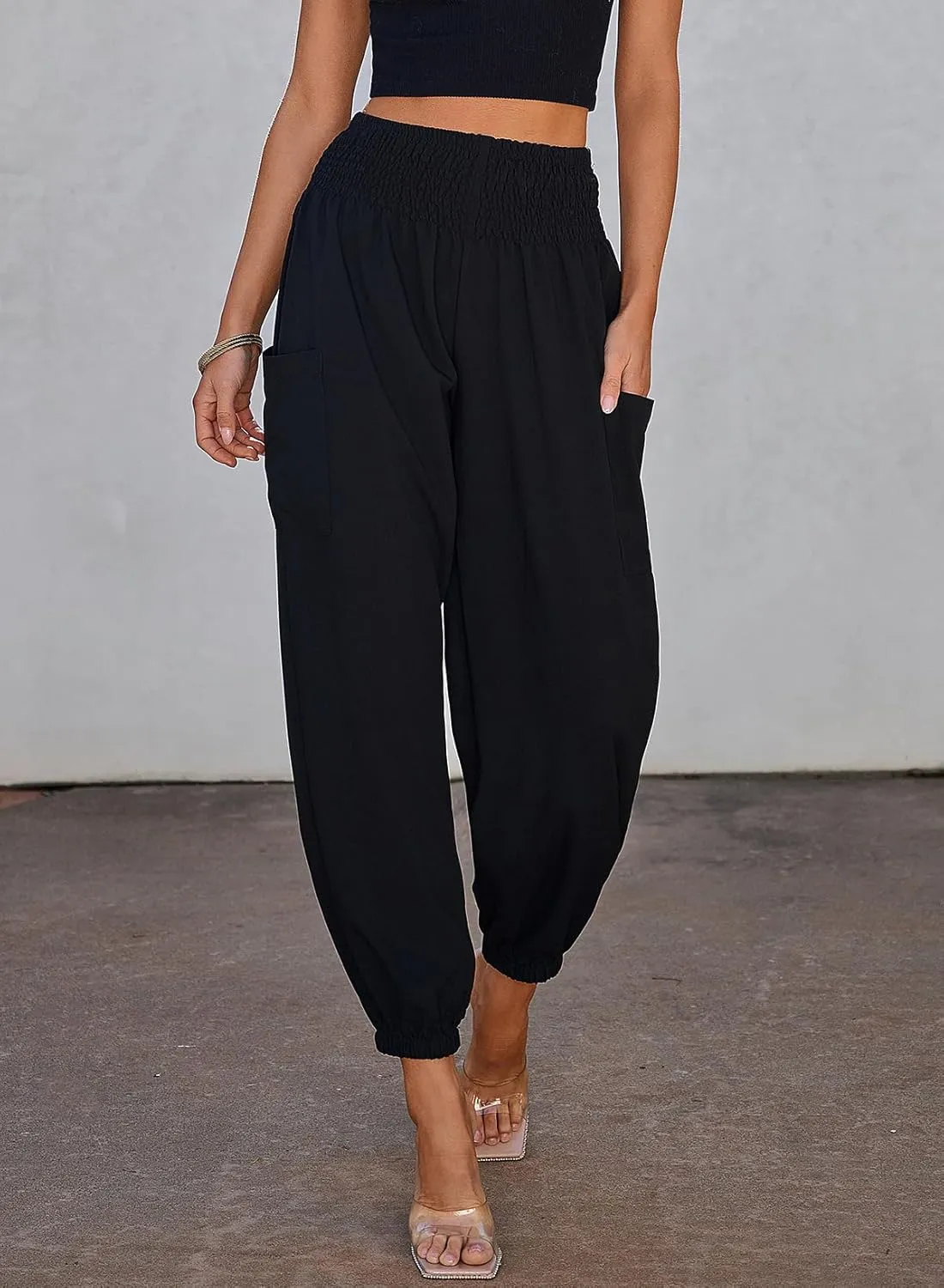Dokotoo Womens Summer Boho Business Casual Smocked 2025 High Waisted Cargo Summer Long Elephant Pants with Pockets