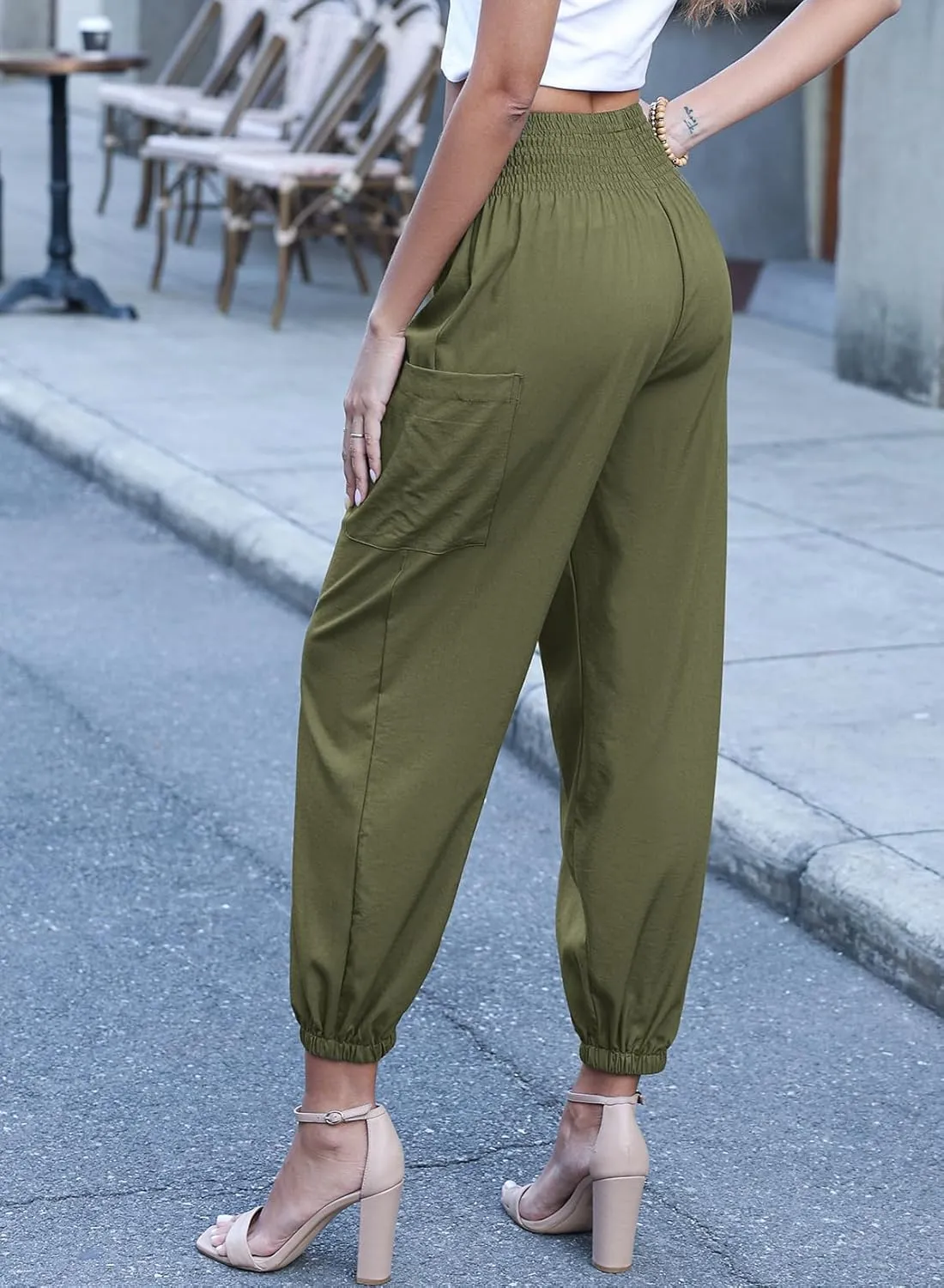 Dokotoo Womens Summer Boho Business Casual Smocked 2025 High Waisted Cargo Summer Long Elephant Pants with Pockets