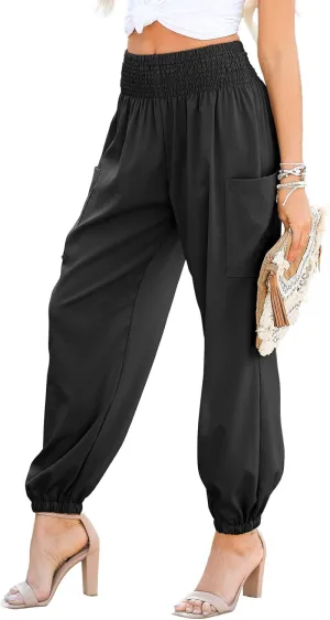 Dokotoo Womens Summer Boho Business Casual Smocked 2025 High Waisted Cargo Summer Long Elephant Pants with Pockets