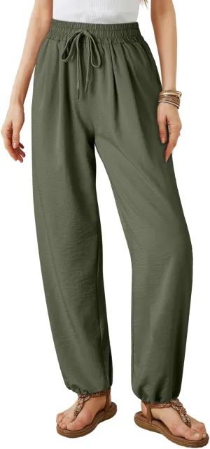 Dokotoo Womens Summer Wide Leg Business Casual Parachute Pants 2025 Drawstrings High Waisted Long Trousers with Pockets