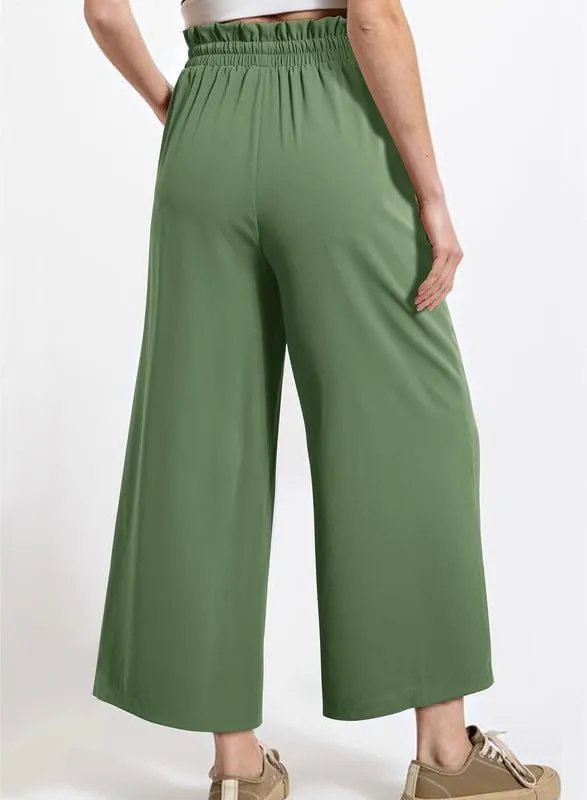 Dokotoo Womens Summer Wide Leg Casual Cropped Pants Elastic High Waisted Drawstring Trousers