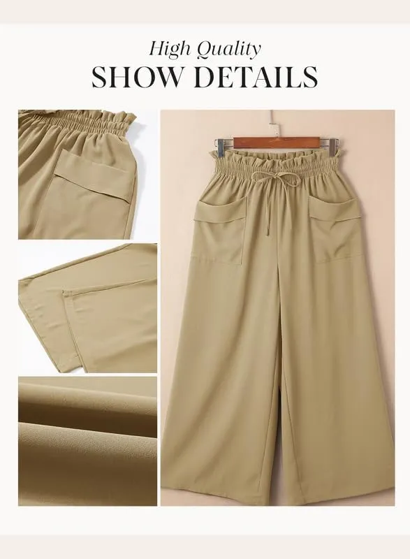 Dokotoo Womens Summer Wide Leg Casual Cropped Pants Elastic High Waisted Drawstring Trousers