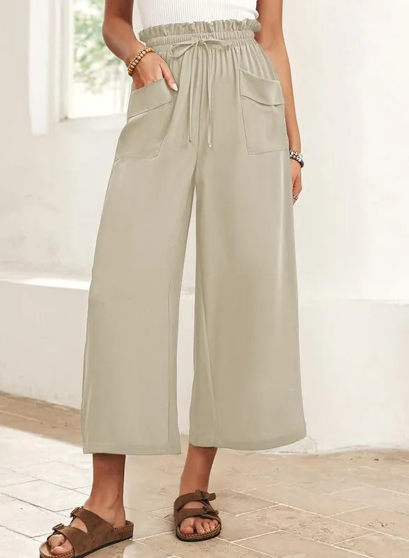 Dokotoo Womens Summer Wide Leg Casual Cropped Pants Elastic High Waisted Drawstring Trousers