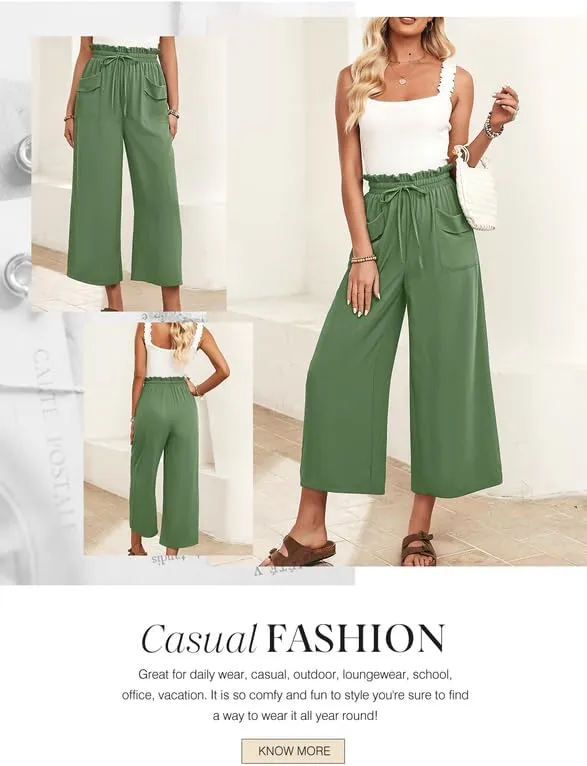 Dokotoo Womens Summer Wide Leg Casual Cropped Pants Elastic High Waisted Drawstring Trousers