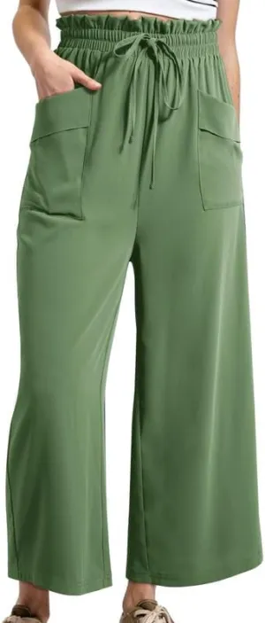 Dokotoo Womens Summer Wide Leg Casual Cropped Pants Elastic High Waisted Drawstring Trousers