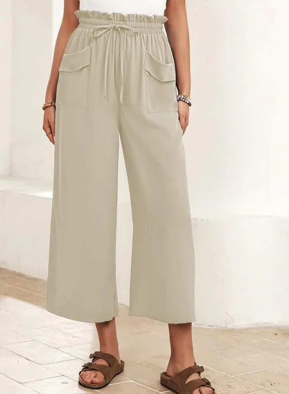 Dokotoo Womens Summer Wide Leg Casual Cropped Pants Elastic High Waisted Drawstring Trousers