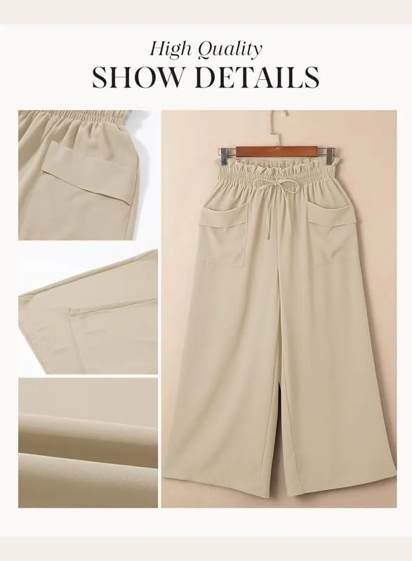 Dokotoo Womens Summer Wide Leg Casual Cropped Pants Elastic High Waisted Drawstring Trousers