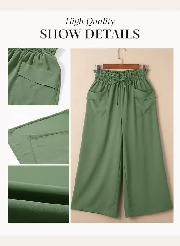 Dokotoo Womens Summer Wide Leg Casual Cropped Pants Elastic High Waisted Drawstring Trousers