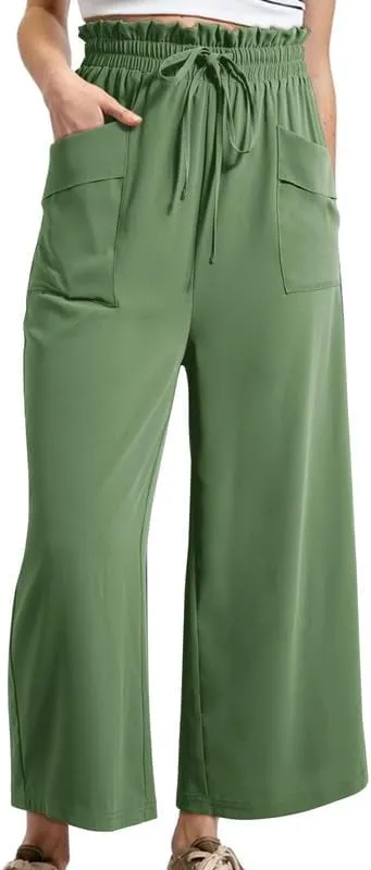 Dokotoo Womens Summer Wide Leg Casual Cropped Pants Elastic High Waisted Drawstring Trousers
