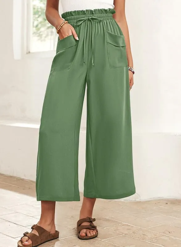 Dokotoo Womens Summer Wide Leg Casual Cropped Pants Elastic High Waisted Drawstring Trousers