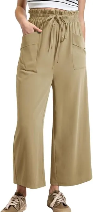 Dokotoo Womens Summer Wide Leg Casual Cropped Pants Elastic High Waisted Drawstring Trousers