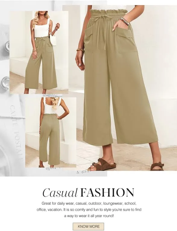 Dokotoo Womens Summer Wide Leg Casual Cropped Pants Elastic High Waisted Drawstring Trousers