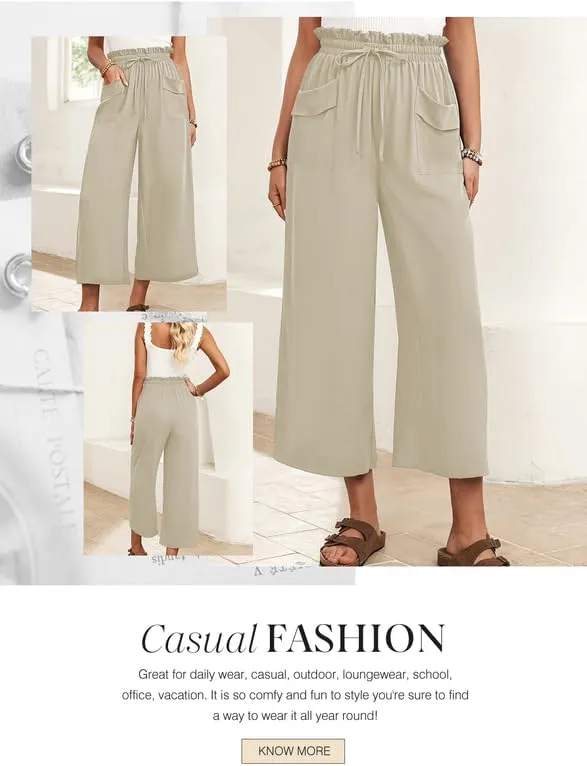 Dokotoo Womens Summer Wide Leg Casual Cropped Pants Elastic High Waisted Drawstring Trousers