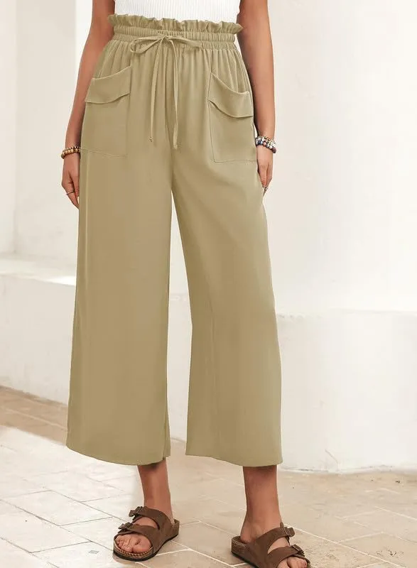 Dokotoo Womens Summer Wide Leg Casual Cropped Pants Elastic High Waisted Drawstring Trousers