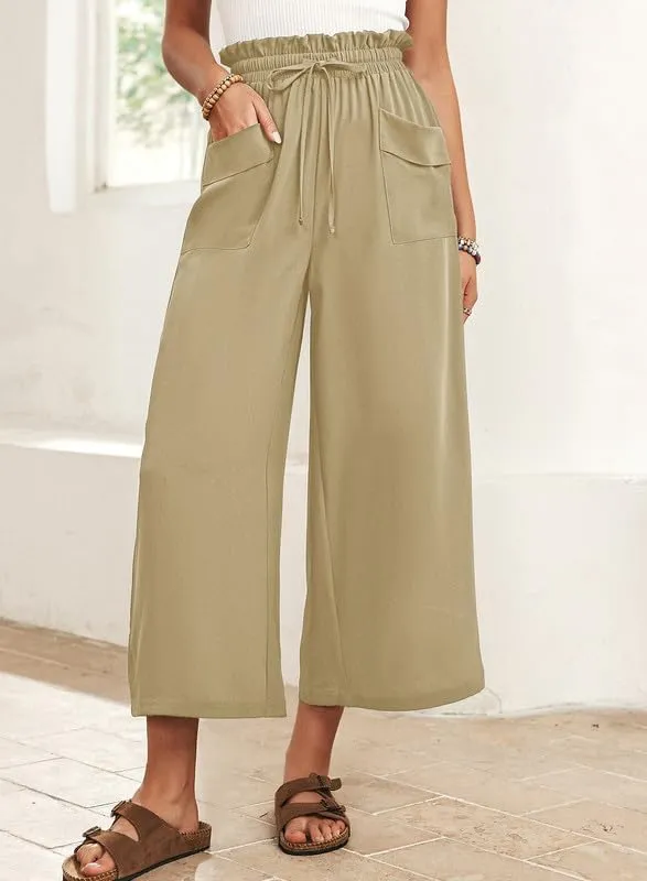 Dokotoo Womens Summer Wide Leg Casual Cropped Pants Elastic High Waisted Drawstring Trousers