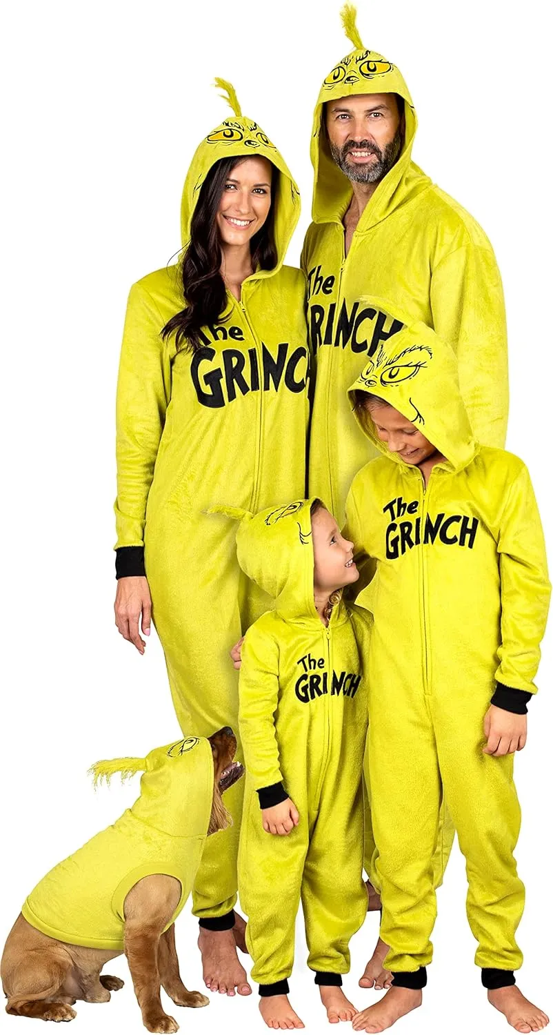 Dr. Seuss Grinch Fleece Onesie Pajamas - Matching Family Adult Kids Hooded Costume
