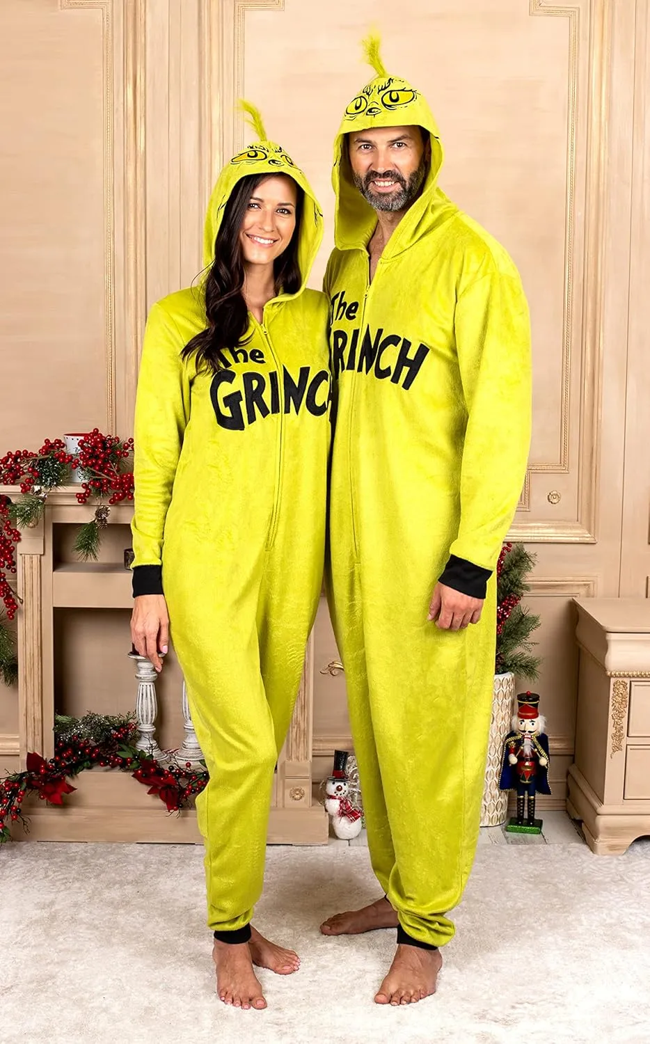 Dr. Seuss Grinch Fleece Onesie Pajamas - Matching Family Adult Kids Hooded Costume