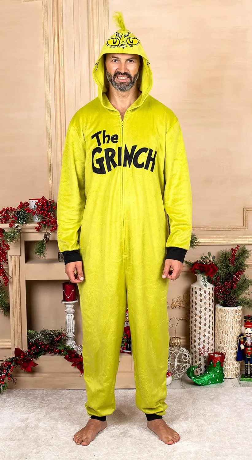 Dr. Seuss Grinch Fleece Onesie Pajamas - Matching Family Adult Kids Hooded Costume