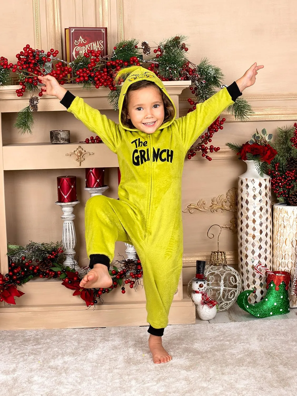 Dr. Seuss Grinch Fleece Onesie Pajamas - Matching Family Adult Kids Hooded Costume