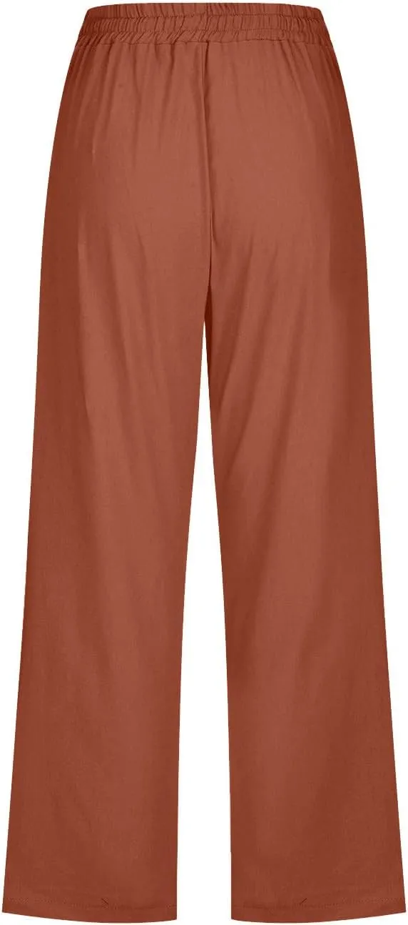 Drawstring Capris for Women Summer Wide Leg Ankle Pants Lightweight Cotton Linen Capri Pants Loose Cropped Trousers