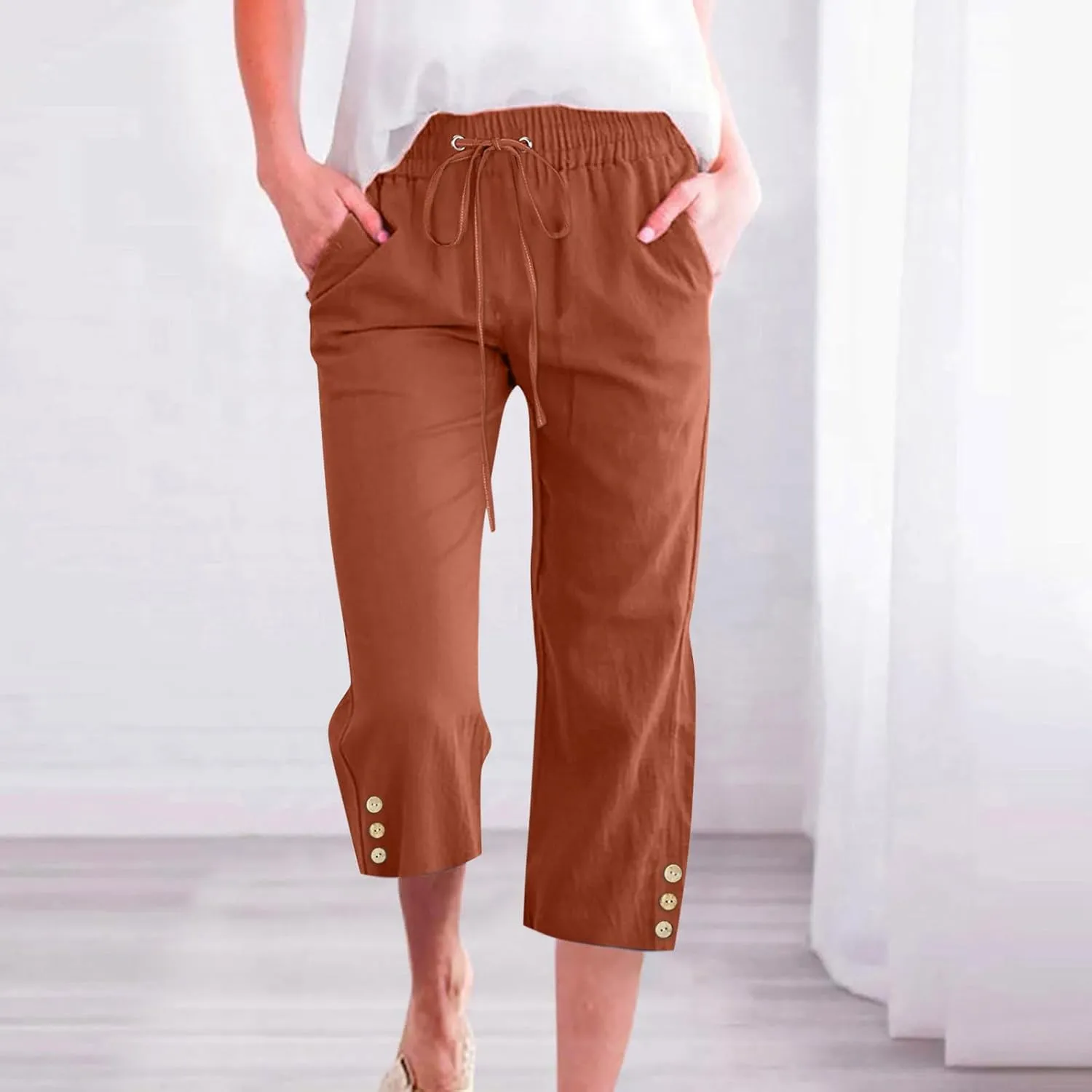 Drawstring Capris for Women Summer Wide Leg Ankle Pants Lightweight Cotton Linen Capri Pants Loose Cropped Trousers