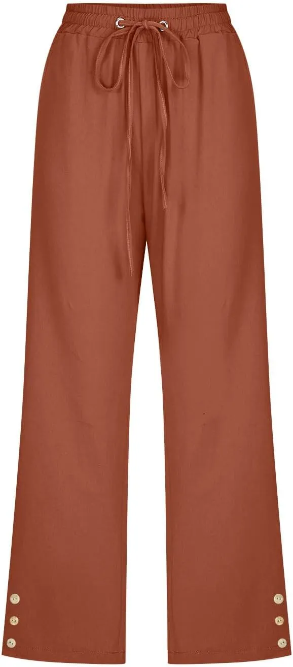 Drawstring Capris for Women Summer Wide Leg Ankle Pants Lightweight Cotton Linen Capri Pants Loose Cropped Trousers