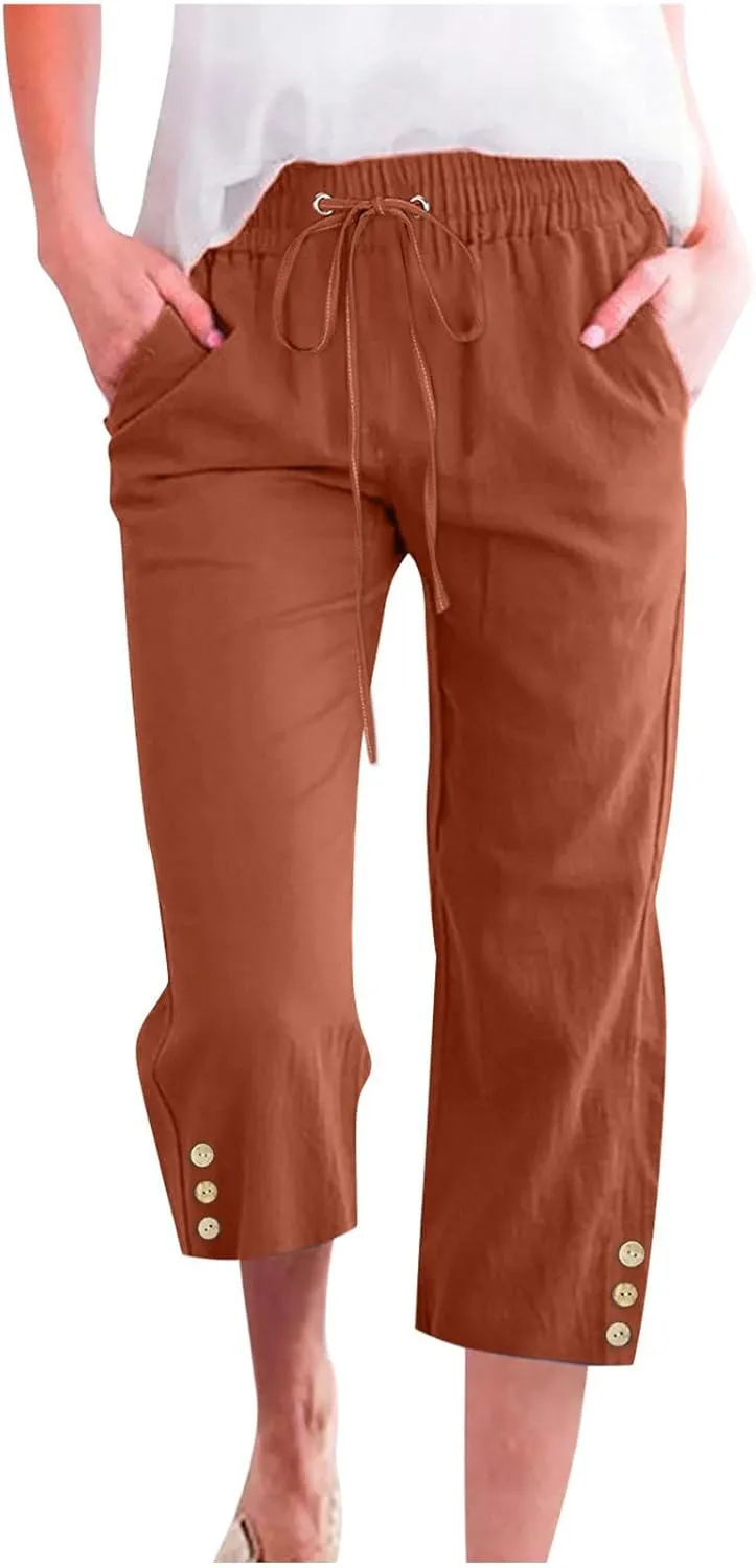 Drawstring Capris for Women Summer Wide Leg Ankle Pants Lightweight Cotton Linen Capri Pants Loose Cropped Trousers