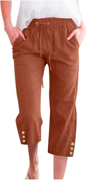 Drawstring Capris for Women Summer Wide Leg Ankle Pants Lightweight Cotton Linen Capri Pants Loose Cropped Trousers